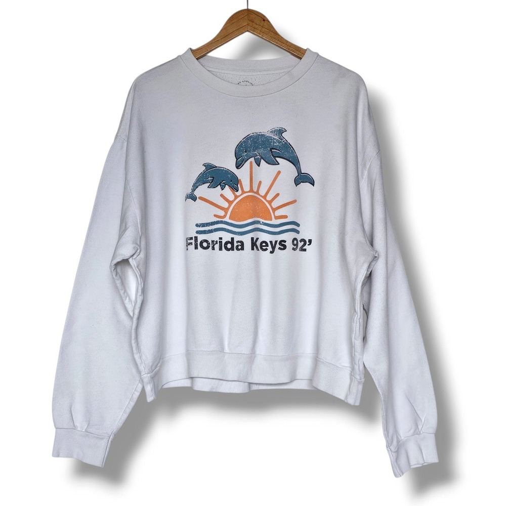 PacSun Sweatshirt S Womens White Florida Keys 92 Dolphin Graphic Boxy 90's Retro
